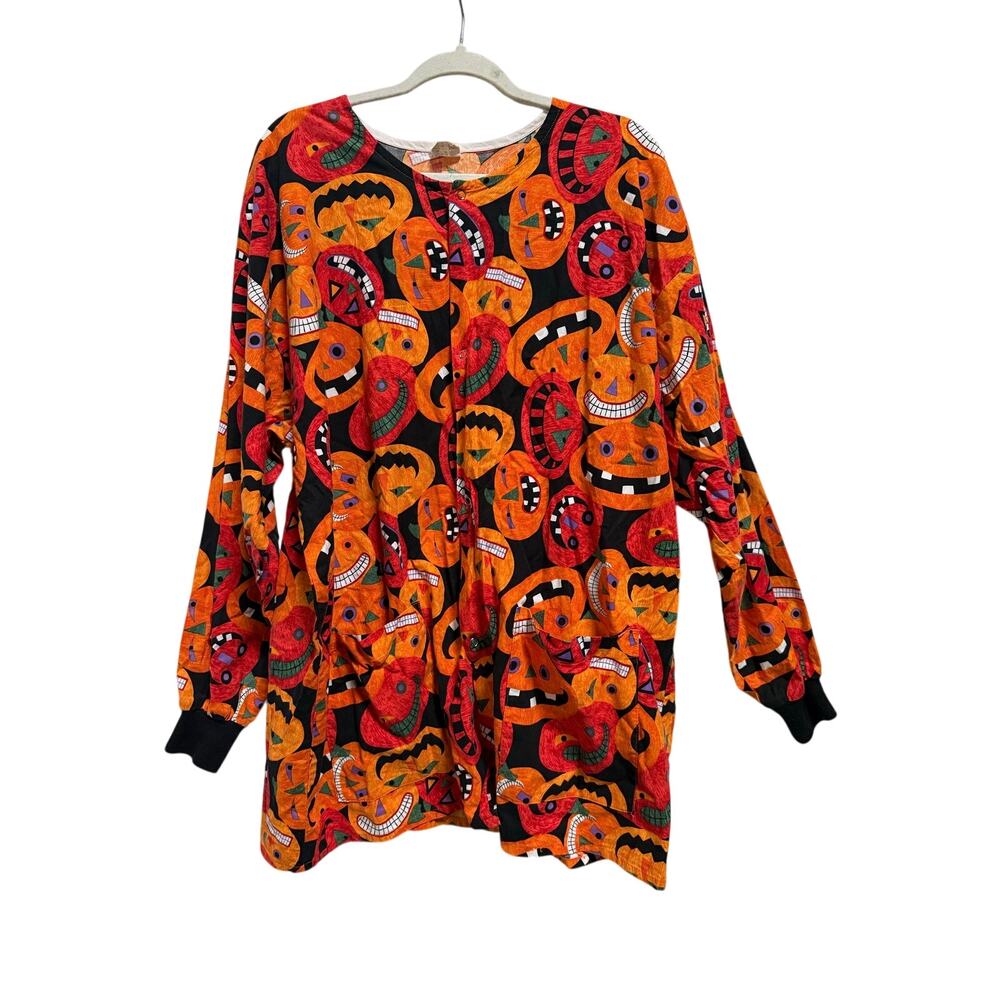 Vintage Halloween Scrubs Jacket Women's Est. 2X Cotton Scrubs Co. Pockets Snaps